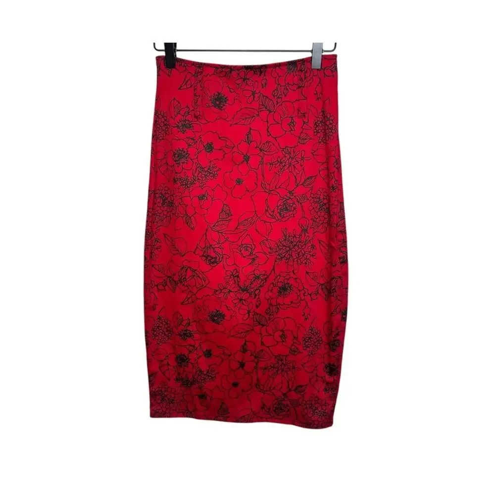 Switchblade Stiletto Pencil Skirt Women M Red Black Floral Knee Length NWT Pinup